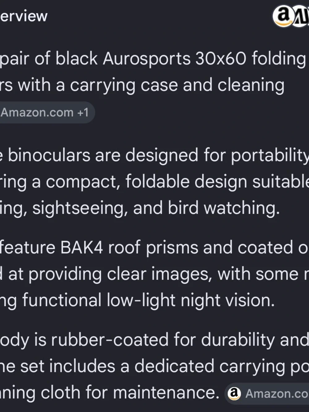 Aurosports 30x60 folding binoculars with a carrying case and cleaning cloth